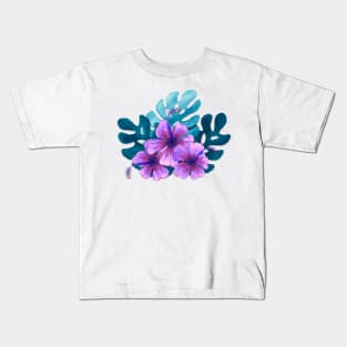 Tropical purple hibiscus flowers Kids T-Shirt